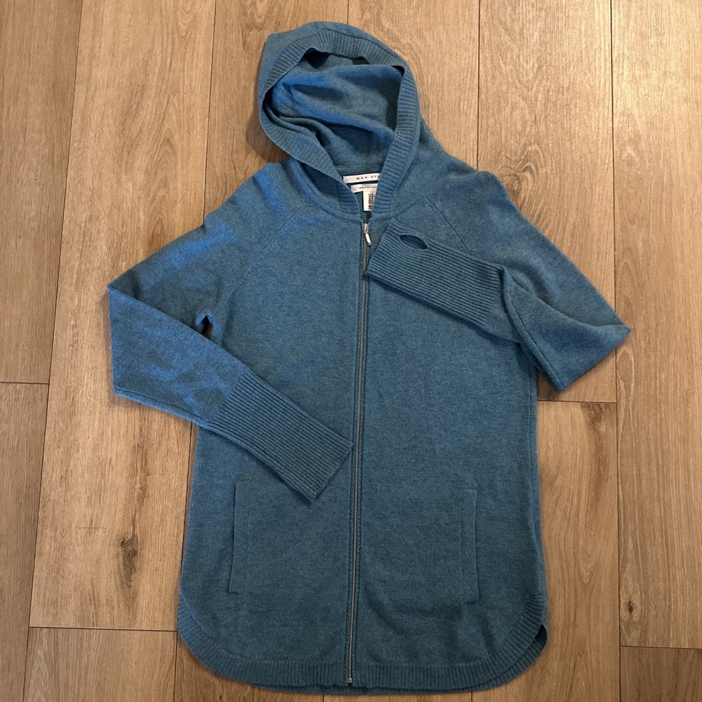Max Studio Hooded Cardigan 100% 2 Ply Cashmere Teal Blue Women's Medium